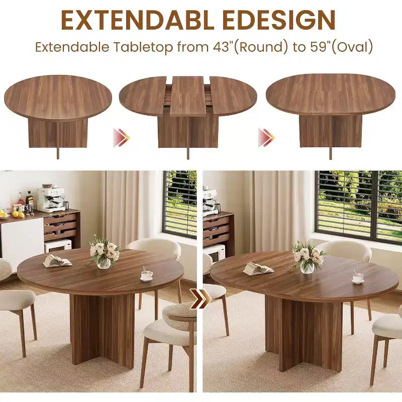 Tavolo da pranzo allungabile rotondo/ovale in Nero/Naturale/Noce, 4–8 posti a sedere
