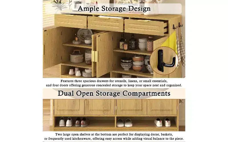 Madia credenza in stile rustico, Nera/Naturale/Bianca, 3 cassetti e 4 ante, Montaggio da 1 persona