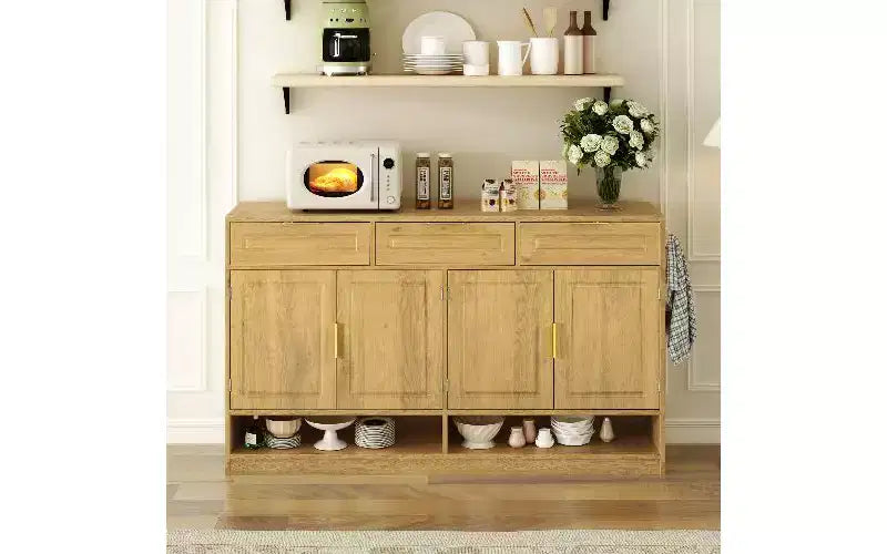 Madia credenza in stile rustico, Nera/Naturale/Bianca, 3 cassetti e 4 ante, Montaggio da 1 persona