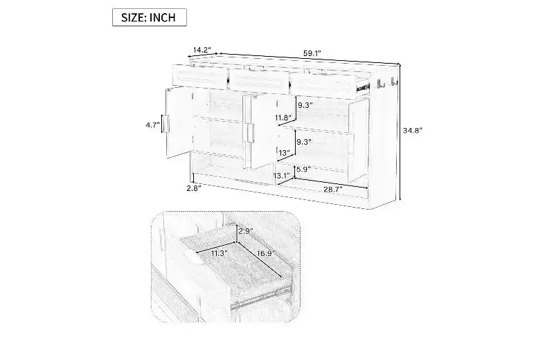 Madia credenza in stile rustico, Nera/Naturale/Bianca, 3 cassetti e 4 ante, Montaggio da 1 persona