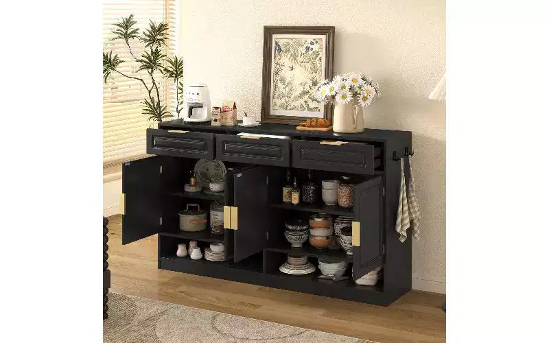 Madia credenza in stile rustico, Nera/Naturale/Bianca, 3 cassetti e 4 ante, Montaggio da 1 persona