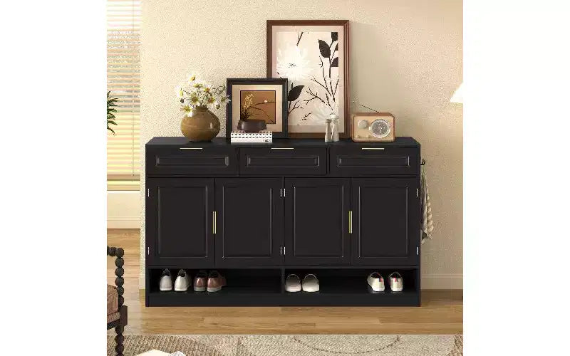 Madia credenza in stile rustico, Nera/Naturale/Bianca, 3 cassetti e 4 ante, Montaggio da 1 persona