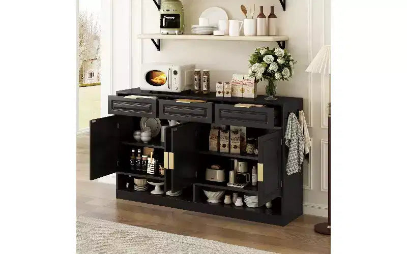 Madia credenza in stile rustico, Nera/Naturale/Bianca, 3 cassetti e 4 ante, Montaggio da 1 persona