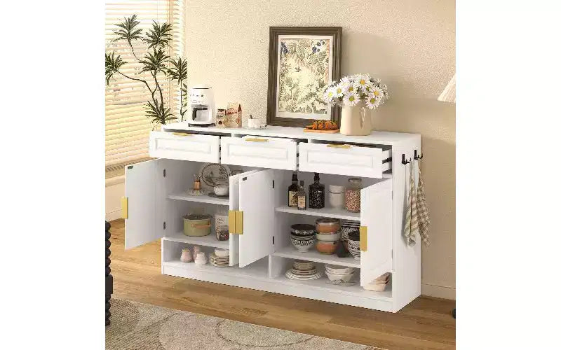 Madia credenza in stile rustico, Nera/Naturale/Bianca, 3 cassetti e 4 ante, Montaggio da 1 persona