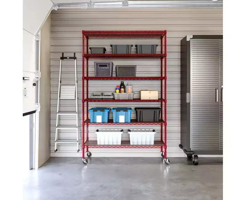 Scaffale a 6 ripiani in filo d'acciaio con ruote – Granito / Grafite / Rosso / Bianco, montaggio a 1 persona