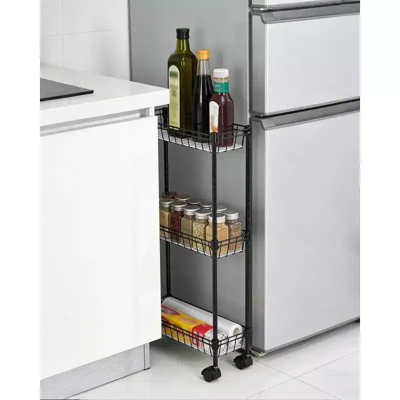 Carrello portaoggetti mobile in filo metallico nero con ruote, 3/4 ripiani, per 1 persona