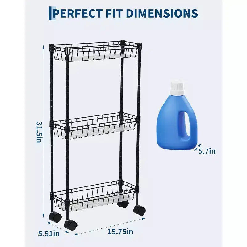 Carrello portaoggetti mobile in filo metallico nero con ruote, 3/4 ripiani, per 1 persona