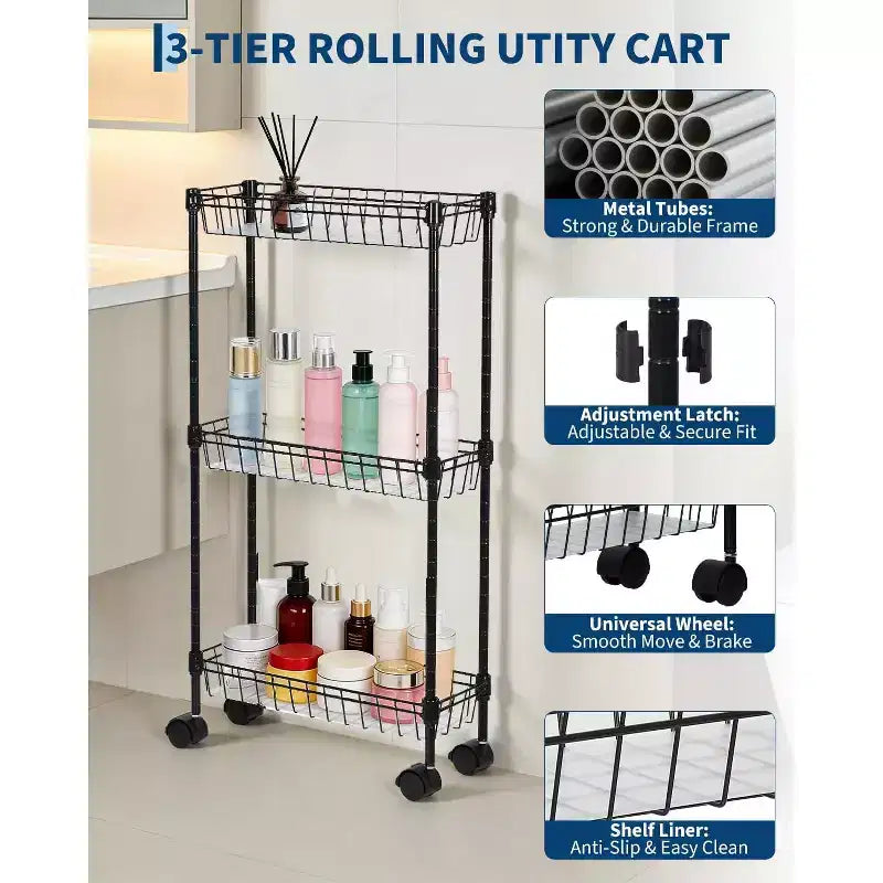 Carrello portaoggetti mobile in filo metallico nero con ruote, 3/4 ripiani, per 1 persona