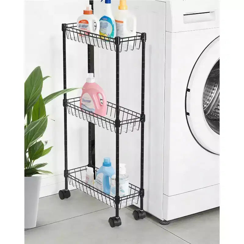 Carrello portaoggetti mobile in filo metallico nero con ruote, 3/4 ripiani, per 1 persona