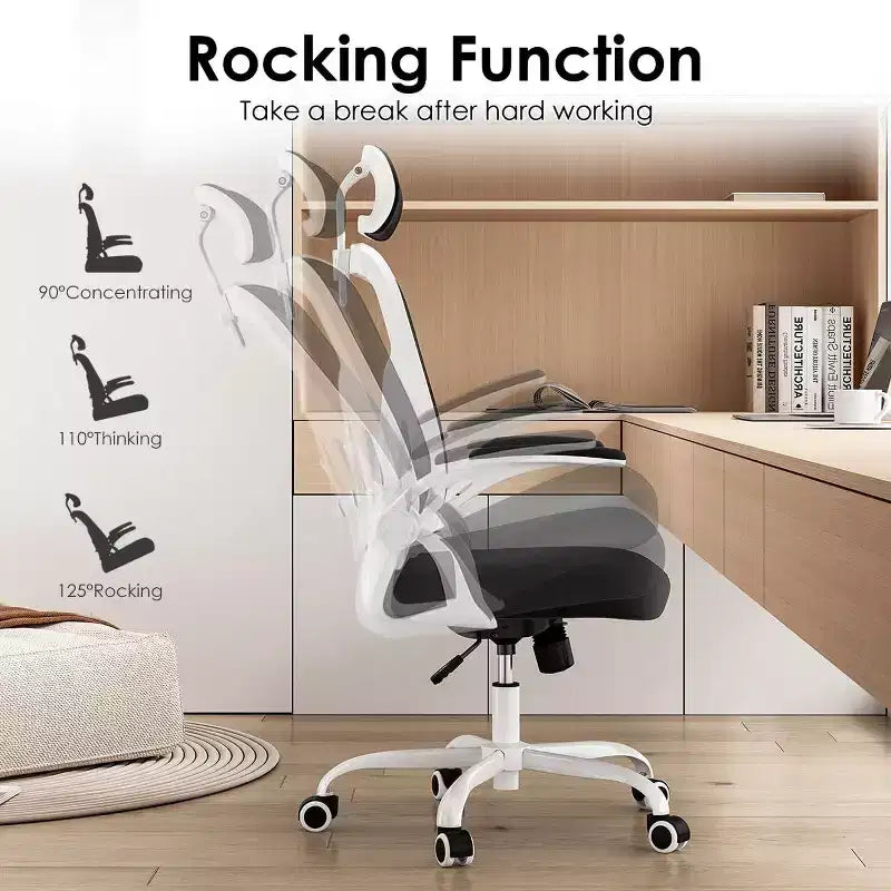Sedia da ufficio girevole in rete con braccioli ribaltabili, poggiatesta e supporto lombare (colore a scelta tra Nero / Nero+Bianco / Grigio / Cachi / Rosa / Bianco) – 1 persona