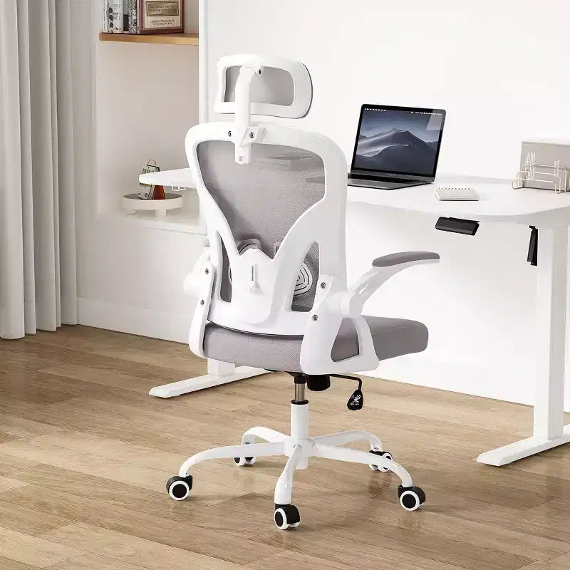 Sedia da ufficio girevole in rete con braccioli ribaltabili, poggiatesta e supporto lombare (colore a scelta tra Nero / Nero+Bianco / Grigio / Cachi / Rosa / Bianco) – 1 persona