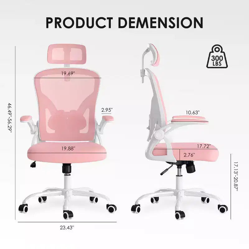 Sedia da ufficio girevole in rete con braccioli ribaltabili, poggiatesta e supporto lombare (colore a scelta tra Nero / Nero+Bianco / Grigio / Cachi / Rosa / Bianco) – 1 persona