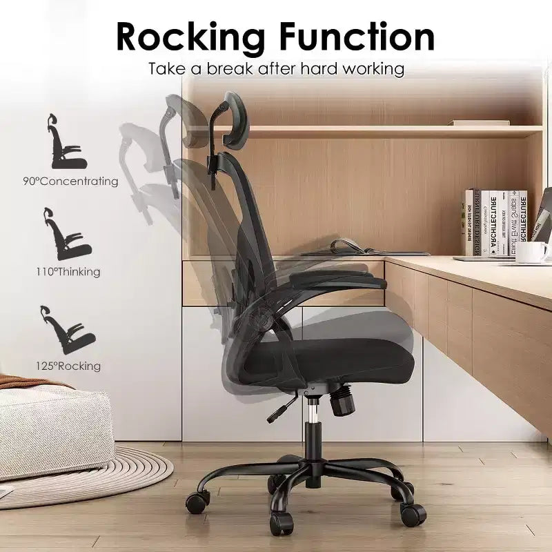 Sedia da ufficio girevole in rete con braccioli ribaltabili, poggiatesta e supporto lombare (colore a scelta tra Nero / Nero+Bianco / Grigio / Cachi / Rosa / Bianco) – 1 persona