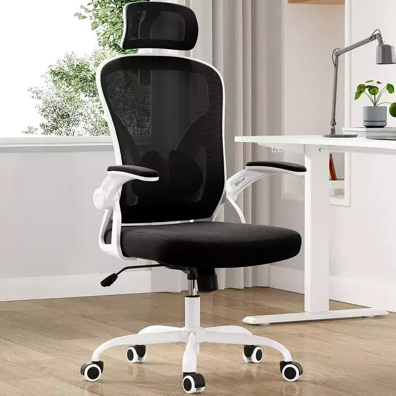 Sedia da ufficio girevole in rete con braccioli ribaltabili, poggiatesta e supporto lombare (colore a scelta tra Nero / Nero+Bianco / Grigio / Cachi / Rosa / Bianco) – 1 persona