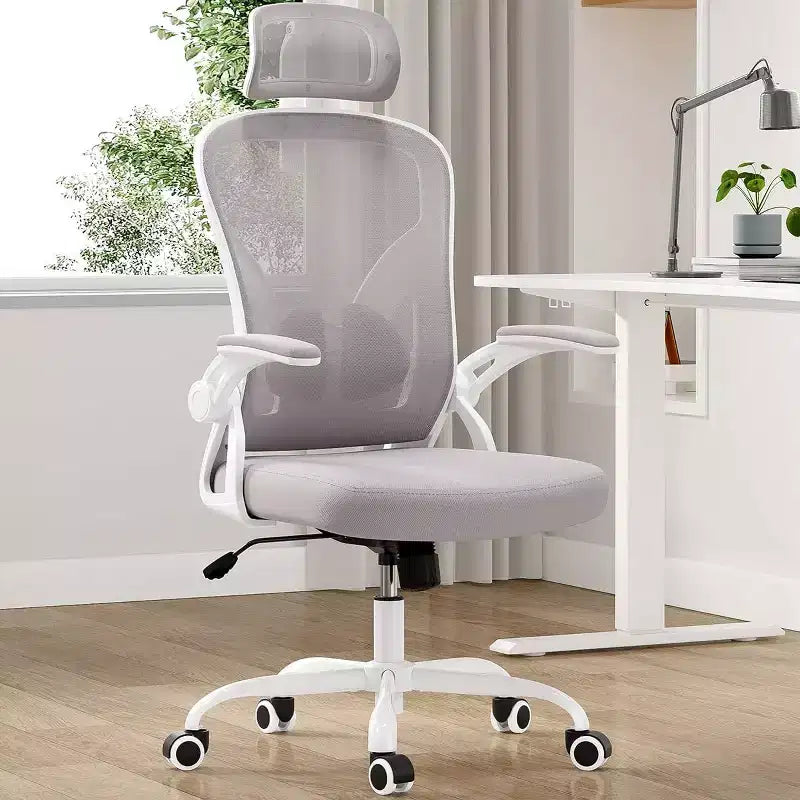 Sedia da ufficio girevole in rete con braccioli ribaltabili, poggiatesta e supporto lombare (colore a scelta tra Nero / Nero+Bianco / Grigio / Cachi / Rosa / Bianco) – 1 persona