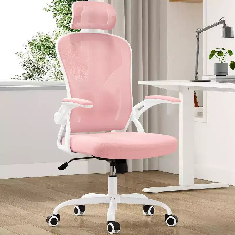 Sedia da ufficio girevole in rete con braccioli ribaltabili, poggiatesta e supporto lombare (colore a scelta tra Nero / Nero+Bianco / Grigio / Cachi / Rosa / Bianco) – 1 persona