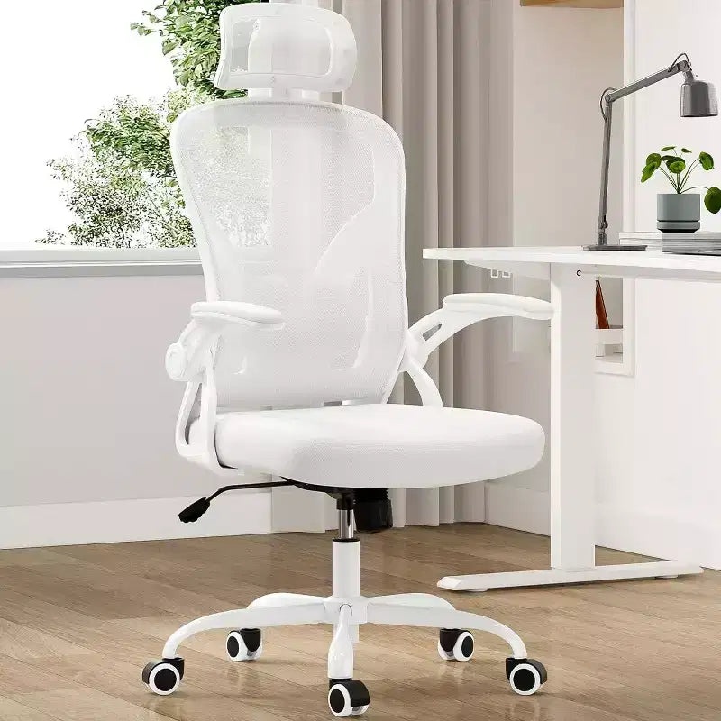 Sedia da ufficio girevole in rete con braccioli ribaltabili, poggiatesta e supporto lombare (colore a scelta tra Nero / Nero+Bianco / Grigio / Cachi / Rosa / Bianco) – 1 persona