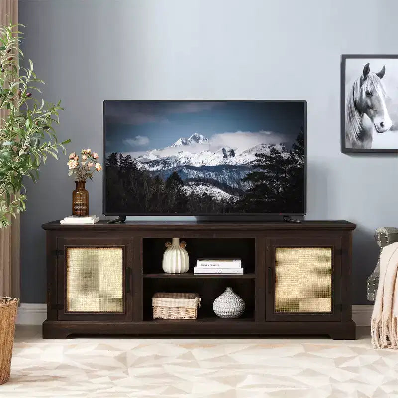 Mobile TV rustico grigio antico/espresso con ante in rattan, adatto per schermi fino a 70", per 1 stanza