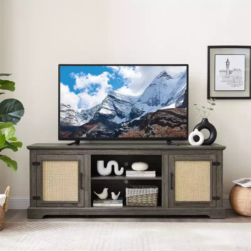 Mobile TV rustico grigio antico/espresso con ante in rattan, adatto per schermi fino a 70", per 1 stanza