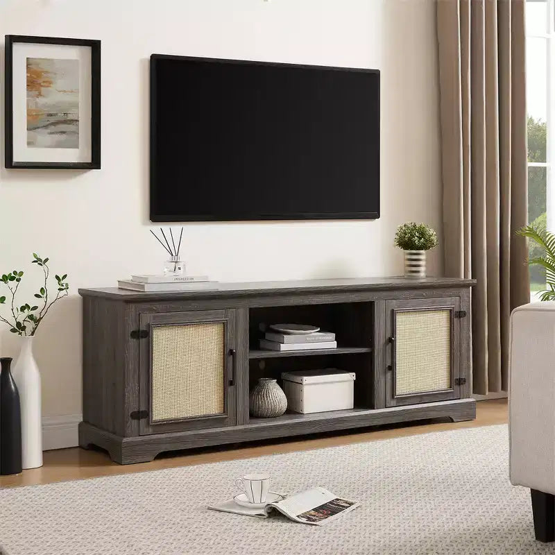 Mobile TV rustico grigio antico/espresso con ante in rattan, adatto per schermi fino a 70", per 1 stanza