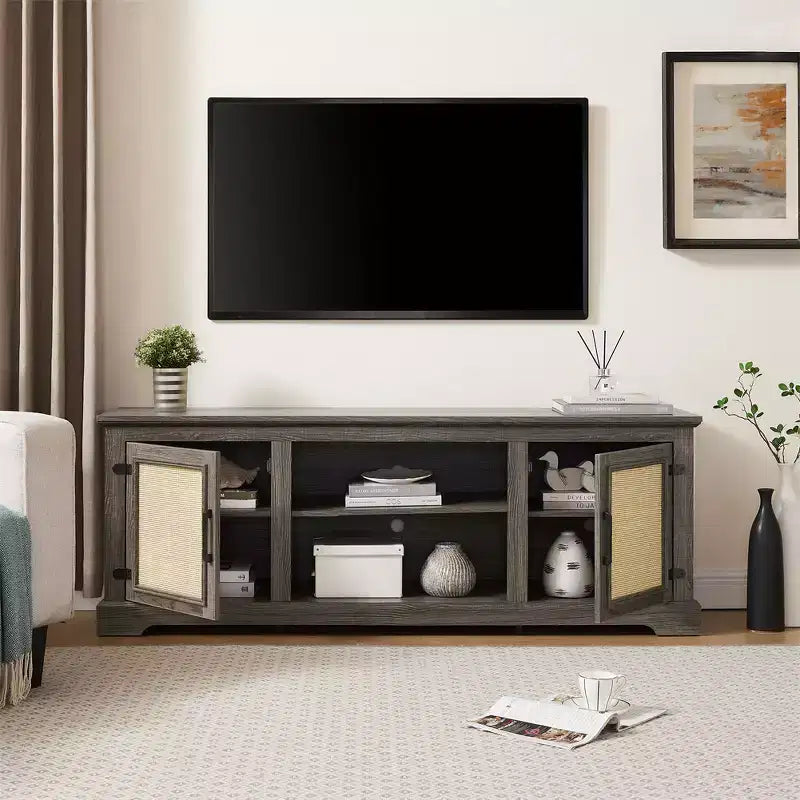 Mobile TV rustico grigio antico/espresso con ante in rattan, adatto per schermi fino a 70", per 1 stanza
