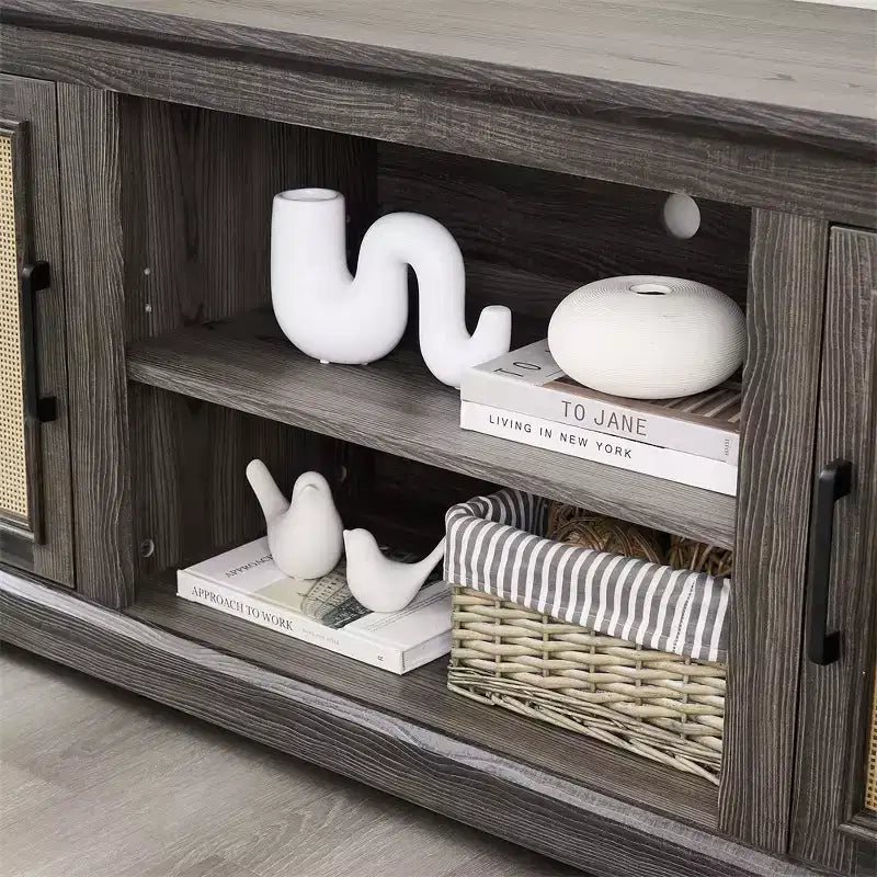 Mobile TV rustico grigio antico/espresso con ante in rattan, adatto per schermi fino a 70", per 1 stanza