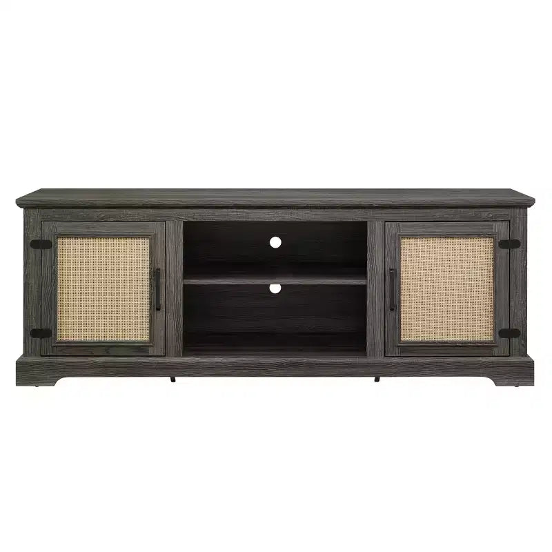 Mobile TV rustico grigio antico/espresso con ante in rattan, adatto per schermi fino a 70", per 1 stanza