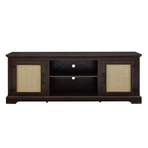 TV Stand Farmhouse, for Screens up to 70, Wood Entertainment Cabinet with 2 Open Shelves & 2 Rattan Doors, Console Table for Living Room