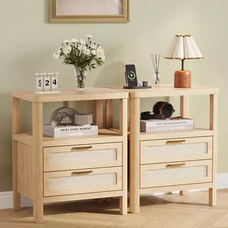 Comodino Boho Marrone, Set di 2, con Cassetto e Ripiano Aperto
