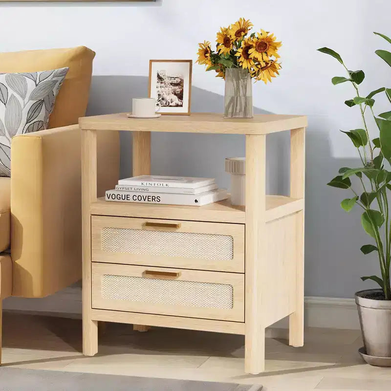 Comodino Boho Marrone, Set di 2, con Cassetto e Ripiano Aperto