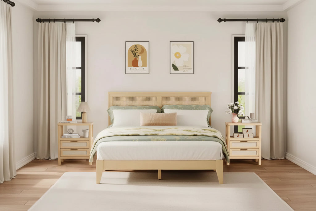 Comodino Boho Marrone, Set di 2, con Cassetto e Ripiano Aperto
