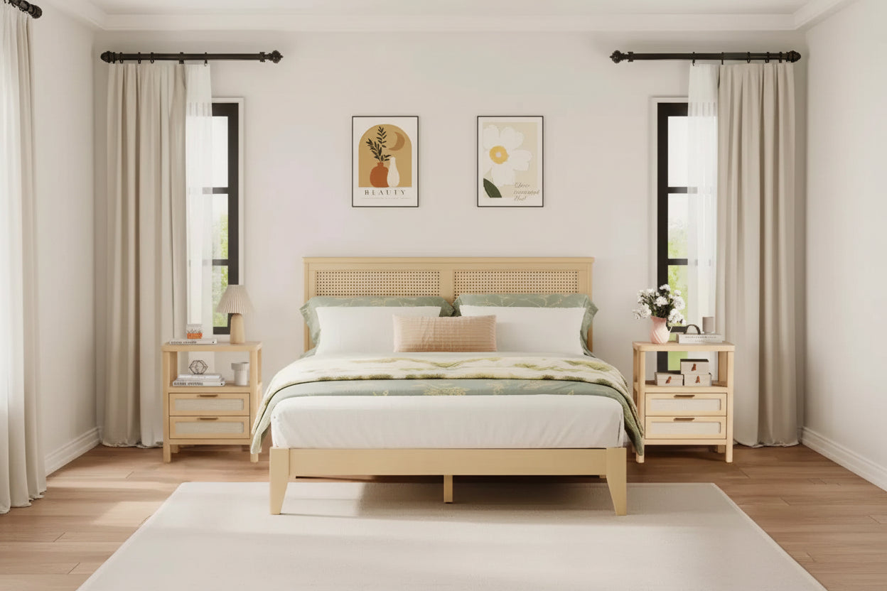 Comodino Boho Marrone, Set di 2, con Cassetto e Ripiano Aperto