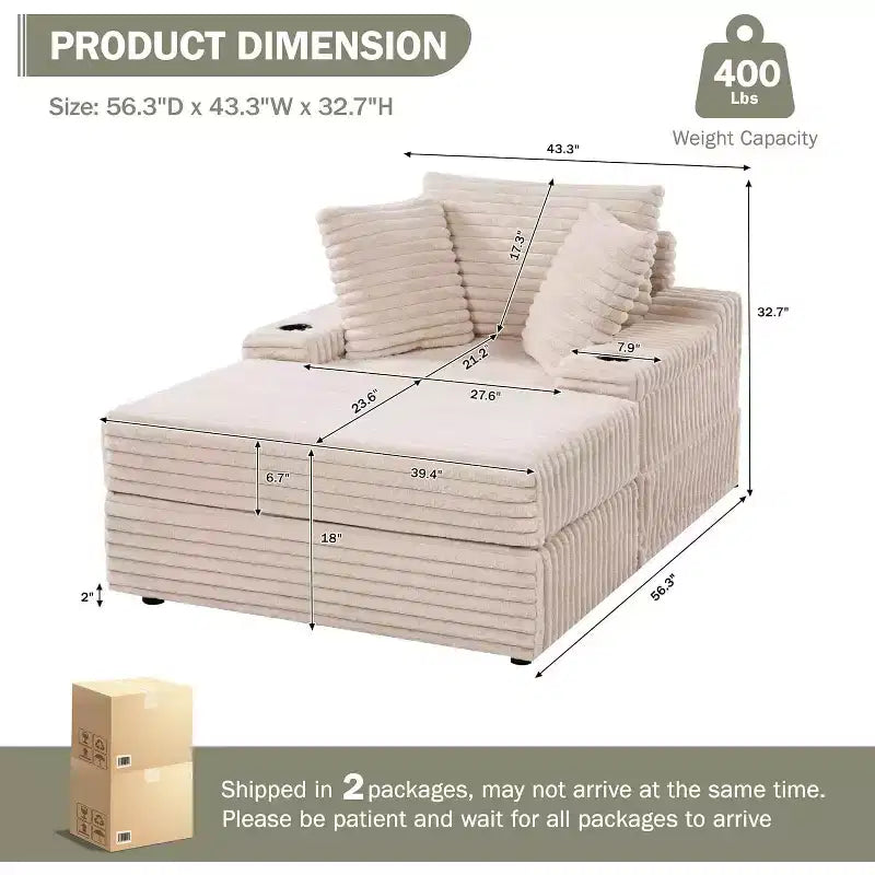 Chaise longue in velluto a coste con pouf contenitore, letto singolo, marrone