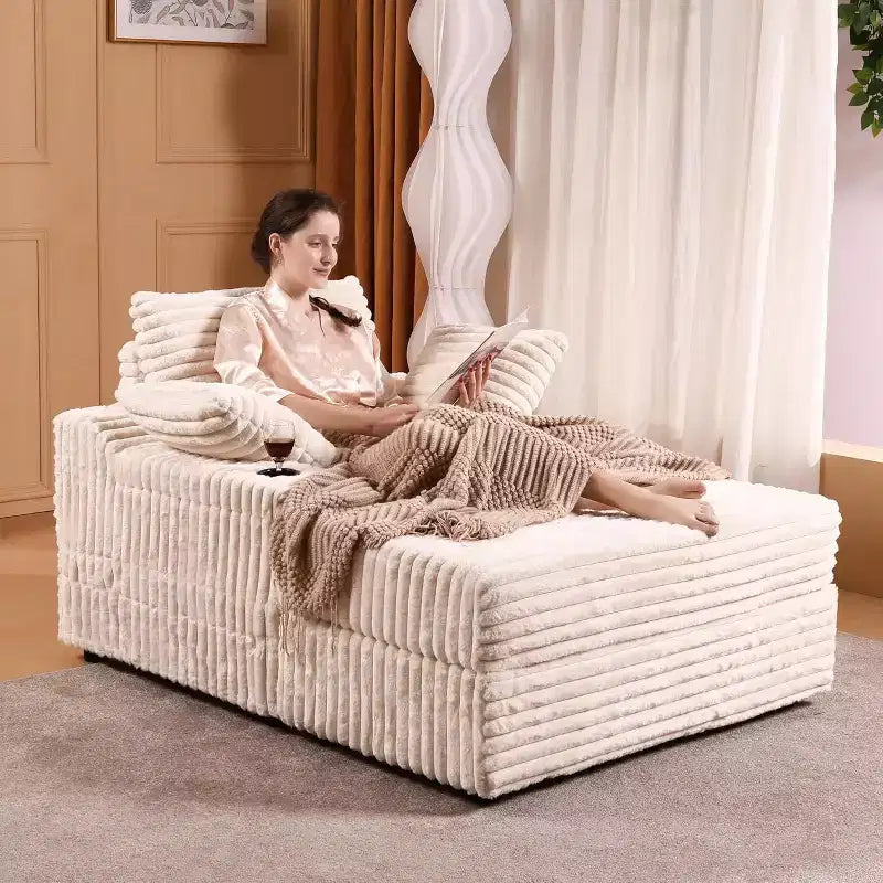 Chaise longue in velluto a coste con pouf contenitore, letto singolo, marrone