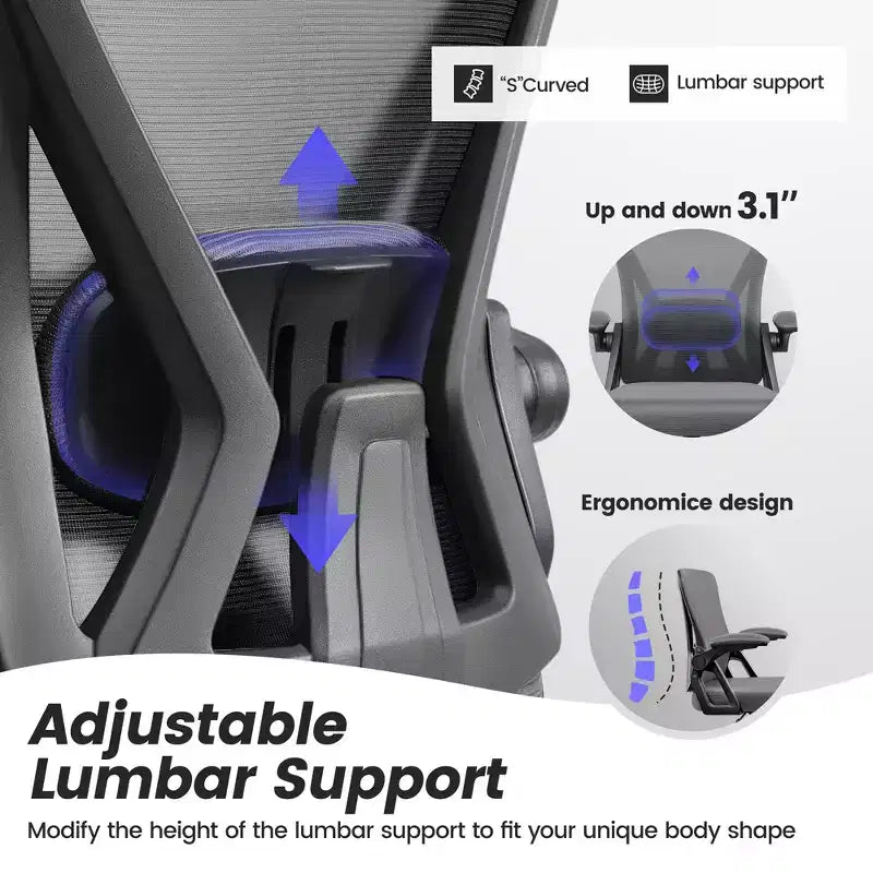 Sedia da ufficio ergonomica KERDOM, sedia da scrivania in rete con supporto lombare e braccioli regolabili, nera