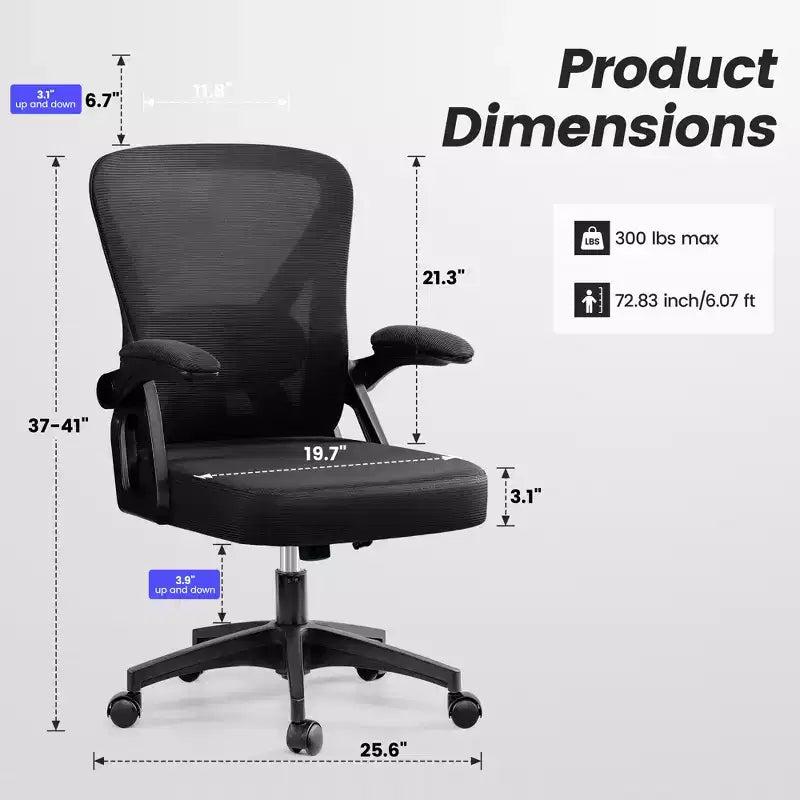 Sedia da ufficio ergonomica KERDOM, sedia da scrivania in rete con supporto lombare e braccioli regolabili, nera