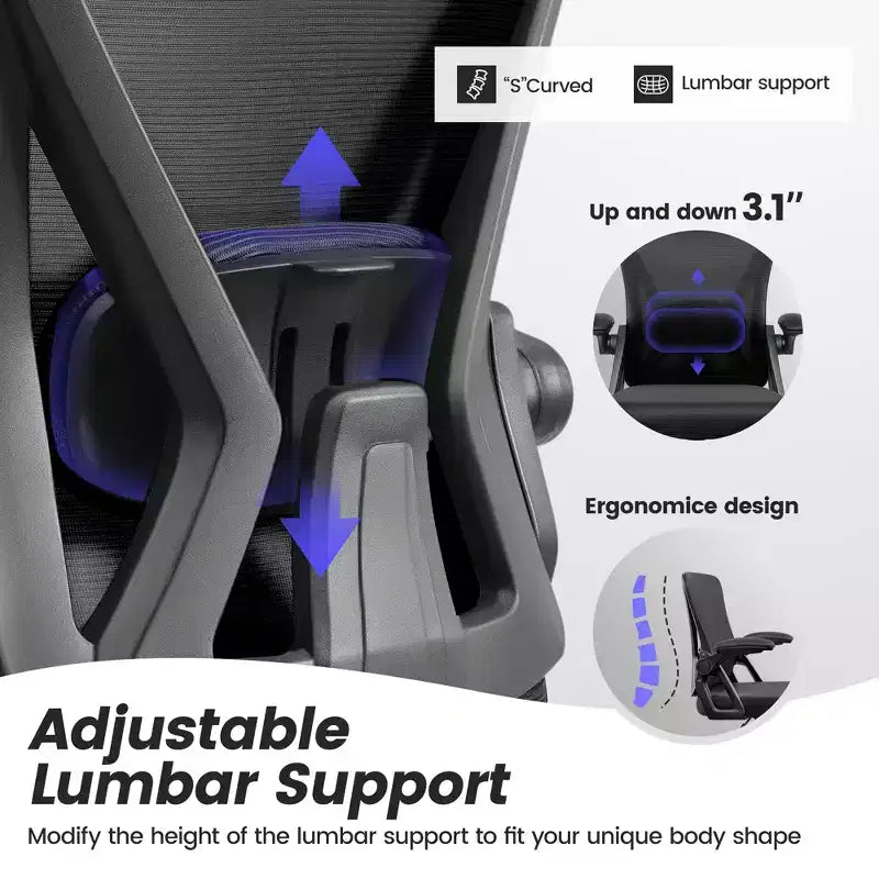 Sedia da ufficio ergonomica KERDOM, sedia da scrivania in rete con supporto lombare e braccioli regolabili, nera