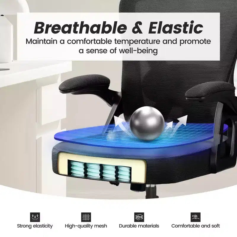 Sedia da ufficio ergonomica KERDOM, sedia da scrivania in rete con supporto lombare e braccioli regolabili, nera