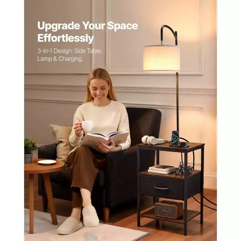Lampada da terra industriale nera e marrone con tavolino, cassetto e ricarica USB, per 1