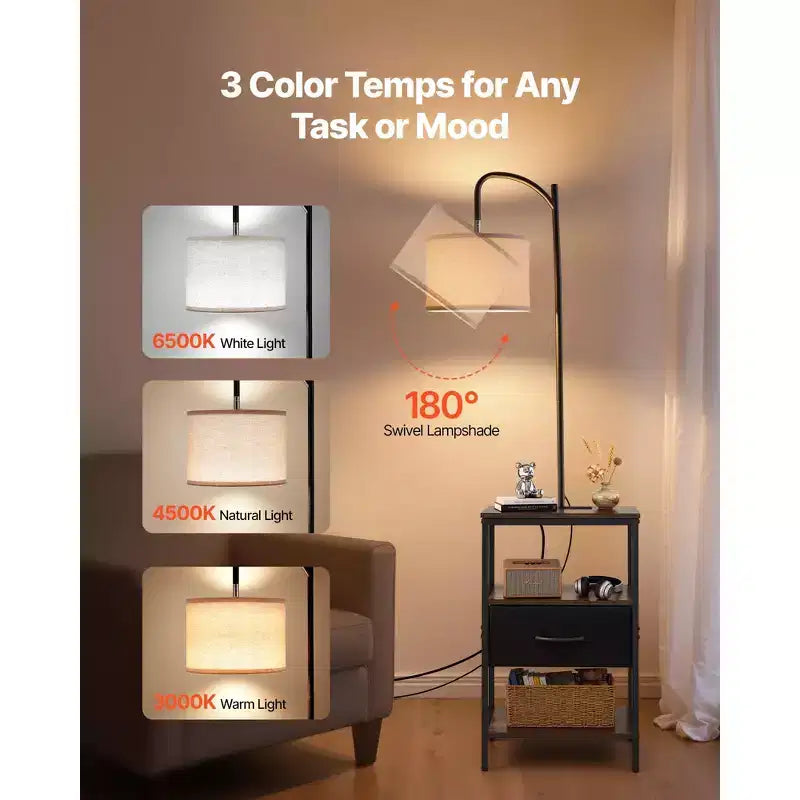 Lampada da terra industriale nera e marrone con tavolino, cassetto e ricarica USB, per 1