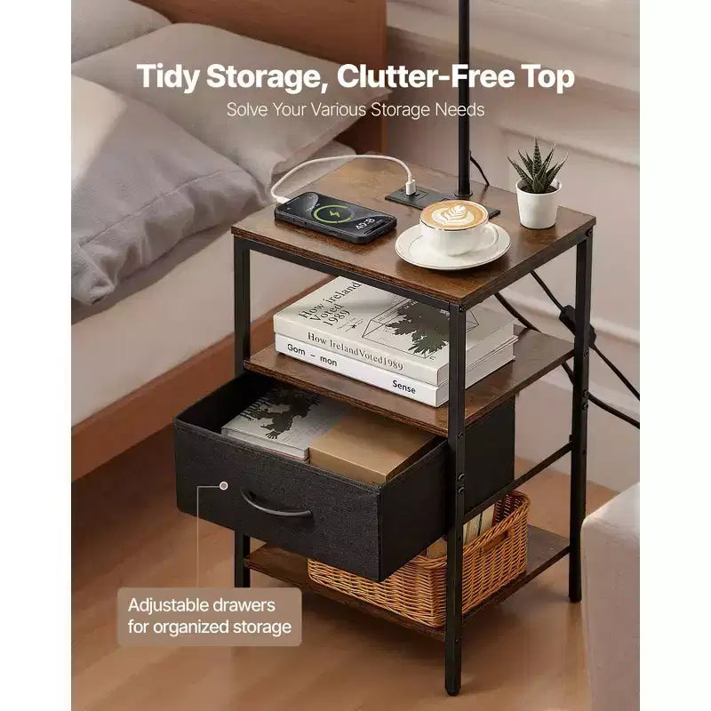 Lampada da terra industriale nera e marrone con tavolino, cassetto e ricarica USB, per 1