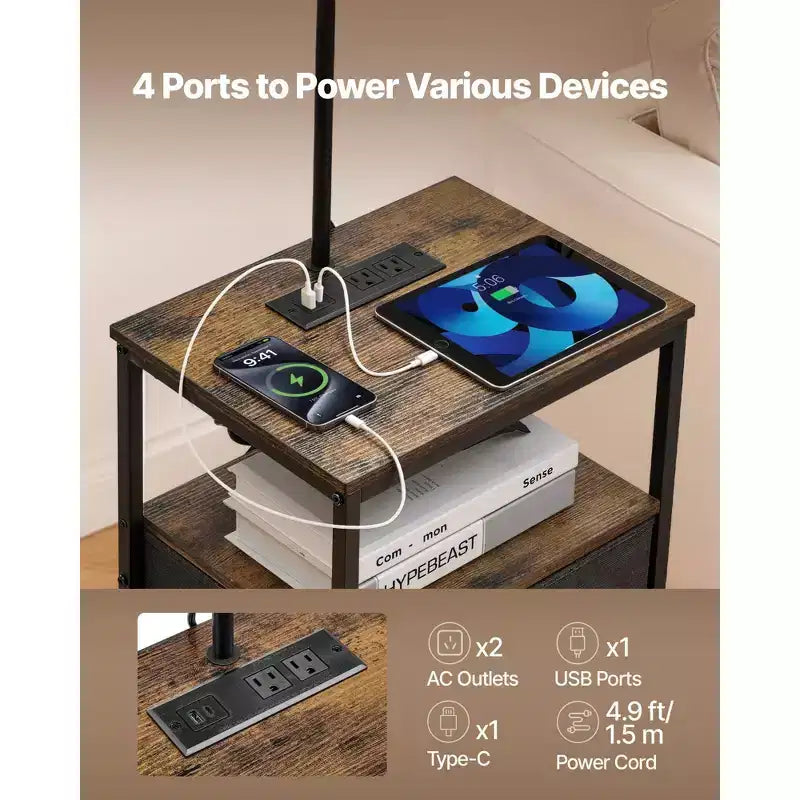 Lampada da terra industriale nera e marrone con tavolino, cassetto e ricarica USB, per 1