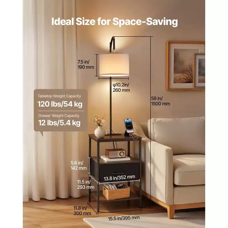 Lampada da terra industriale nera e marrone con tavolino, cassetto e ricarica USB, per 1