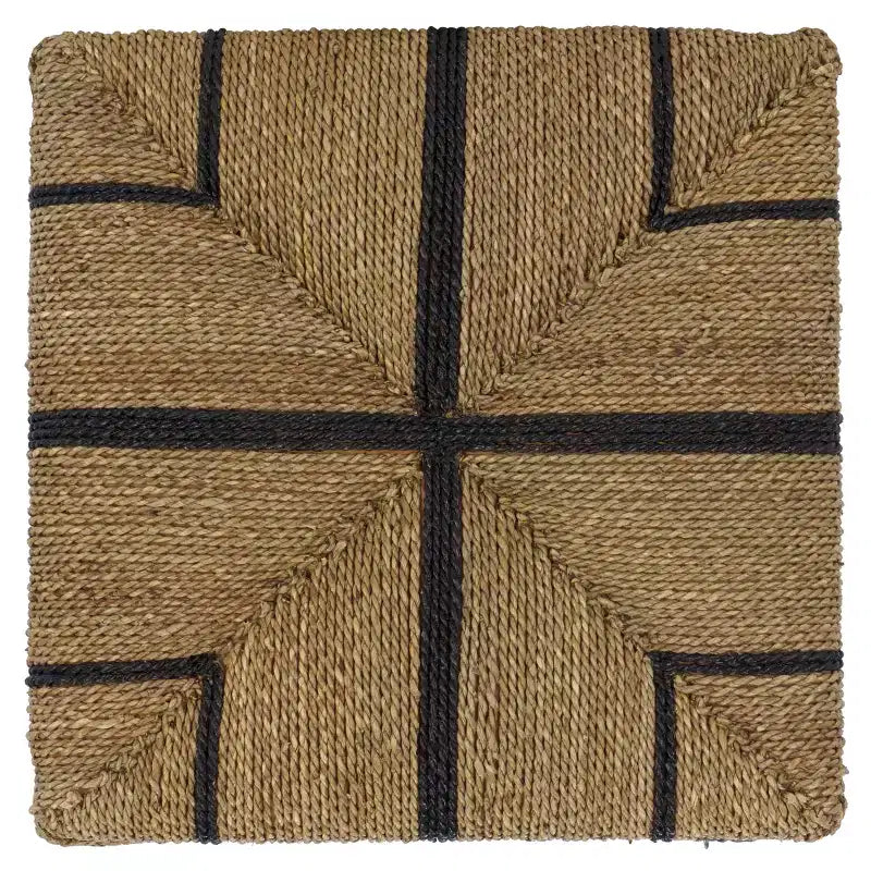 Pouf ottomano quadrato in giunco marino intrecciato naturale e nero, singolo