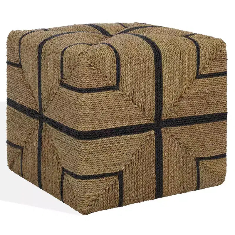 Pouf ottomano quadrato in giunco marino intrecciato naturale e nero, singolo