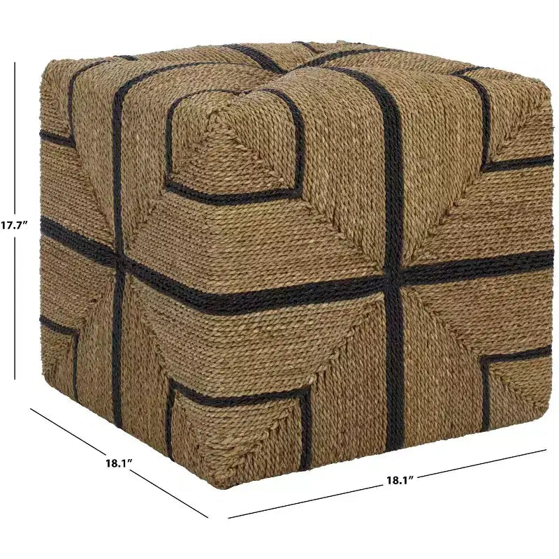 Pouf ottomano quadrato in giunco marino intrecciato naturale e nero, singolo