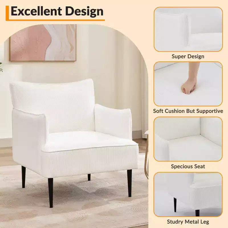 Poltrona d'accento in velluto a coste, grigio/arancione/bianco, seduta singola, gambe in metallo