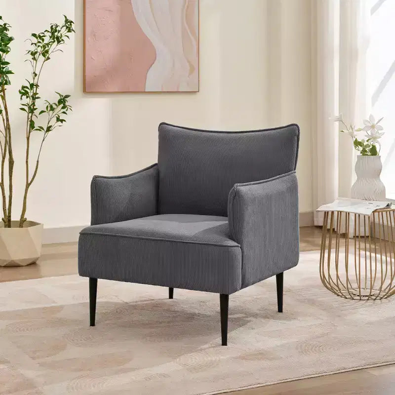 Poltrona d'accento in velluto a coste, grigio/arancione/bianco, seduta singola, gambe in metallo
