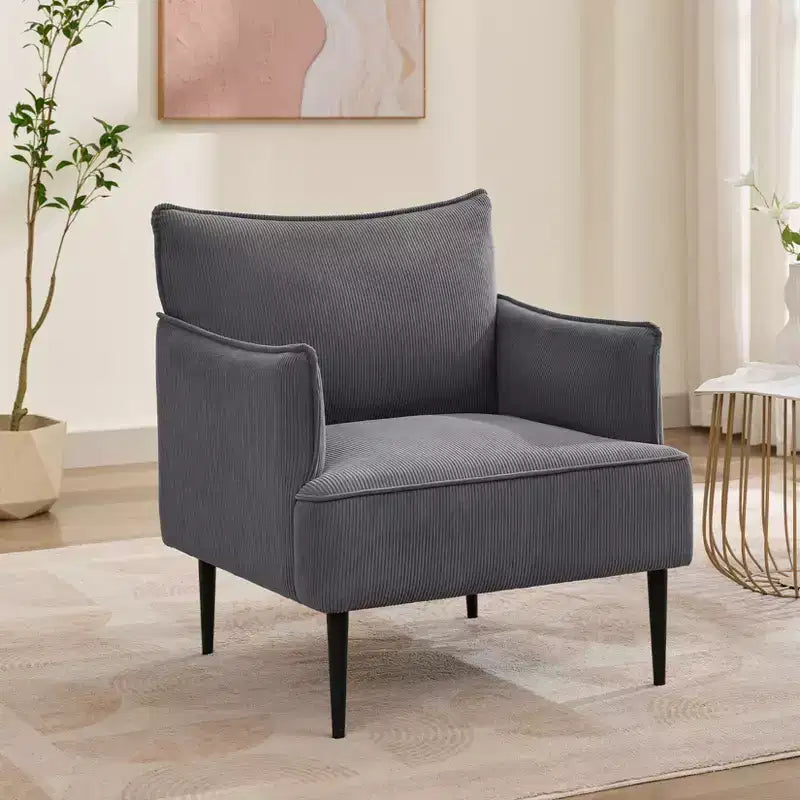 Poltrona d'accento in velluto a coste, grigio/arancione/bianco, seduta singola, gambe in metallo