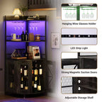 Mobile bar ad angolo a 5 ripiani nero con luci a LED, stile industriale, per 1